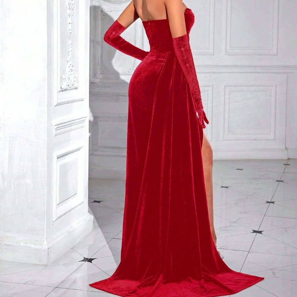 Red Elegant Women's Strapless Long Ribbon Slit Formal Gown - Picture 2 of 8